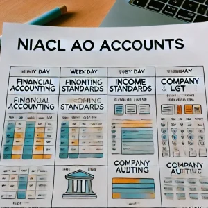 Promotional graphic for the NIACL AO Accounts exam course, featuring a detailed curriculum outline, highlighting nine comprehensive modules including Financial Accounting, Accounting Standards, Taxation, Company Law, and Financial Management. The design emphasizes the course's depth, high difficulty level, and availability of practice sets and quizzes.