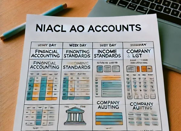 Promotional graphic for the NIACL AO Accounts exam course, featuring a detailed curriculum outline, highlighting nine comprehensive modules including Financial Accounting, Accounting Standards, Taxation, Company Law, and Financial Management. The design emphasizes the course's depth, high difficulty level, and availability of practice sets and quizzes.