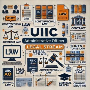 The image shows a study schedule layout for the "UIIC AO Legal Stream" course, with "UIIC AO Legal Stream" prominently displayed in the center. Surrounding the center are various sections for different legal subjects such as "Constitutional Law," "Corporate Law," "Contract Law," "Torts," "Administrative Law," "Criminal Law," and "Legal Drafting." Each section features icons or visual representations related to law, with colored blocks or charts indicating study progress. The design is clean, organized, and professional, providing an effective visual guide for legal exam preparation.