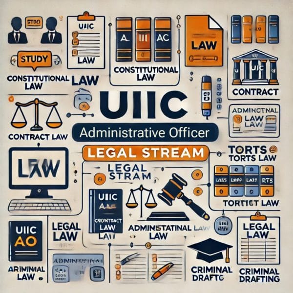 The image shows a study schedule layout for the "UIIC AO Legal Stream" course, with "UIIC AO Legal Stream" prominently displayed in the center. Surrounding the center are various sections for different legal subjects such as "Constitutional Law," "Corporate Law," "Contract Law," "Torts," "Administrative Law," "Criminal Law," and "Legal Drafting." Each section features icons or visual representations related to law, with colored blocks or charts indicating study progress. The design is clean, organized, and professional, providing an effective visual guide for legal exam preparation.