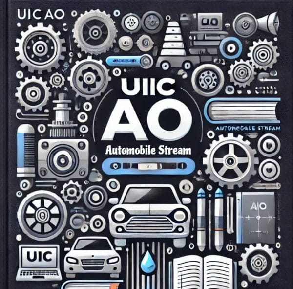 Professional and modern course cover for UIIC AO Automobile Stream preparation. Featuring automobile-related elements such as gears and engines, combined with academic icons. The text 'UIIC AO - Automobile Stream' is prominently centered, making the design sleek and visually appealing for exam candidates