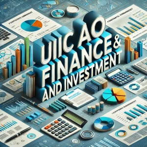 A professional digital illustration centered on the text 'UIIC AO Finance and Investment' in bold, 3D letters. The background shows a well-organized office desk layout with financial tools and documents, including charts, pie graphs, a laptop, a calculator, and various reports. The image uses vibrant colors, with a corporate blue and gray color scheme, and represents a financial and investment theme in a clean and business-like atmosphere.