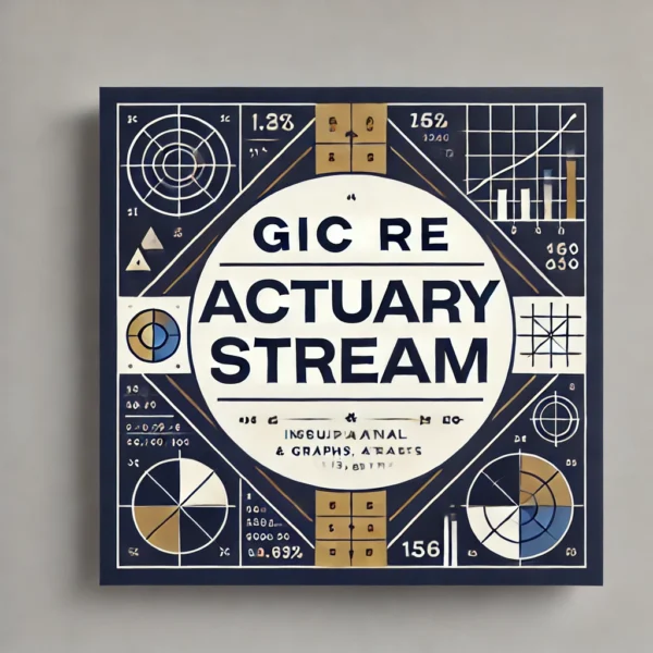 Promotional image for GIC Re Actuary Stream featuring bold typography in a modern style. The design includes geometric patterns and subtle actuarial symbols like statistical graphs and equations. The color palette blends navy blue, teal, and metallic gold, creating a professional and eye-catching aesthetic.