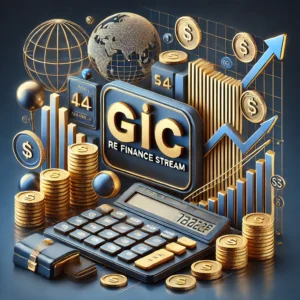 A sleek promotional image for the 'GIC Re Finance Stream' course, showcasing a calculator, financial graphs, a stack of coins, and a globe to represent global finance. The background features blue and gold tones with a modern design, complemented by a briefcase icon to emphasize professionalism and expertise. The course name is highlighted in bold font.