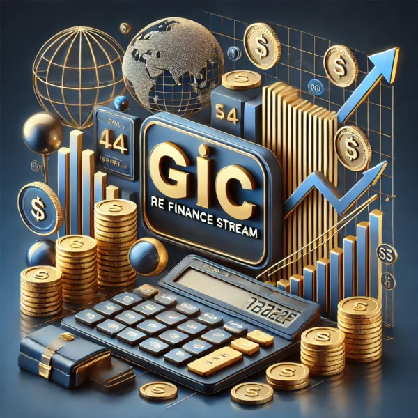 A sleek promotional image for the 'GIC Re Finance Stream' course, showcasing a calculator, financial graphs, a stack of coins, and a globe to represent global finance. The background features blue and gold tones with a modern design, complemented by a briefcase icon to emphasize professionalism and expertise. The course name is highlighted in bold font.
