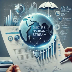 A professional promotional image for the 'GIC Re Insurance Stream' course, featuring an insurance policy document, a globe symbolizing global insurance, and a financial chart. The design uses blue and white tones with a modern layout, including a shield icon to represent protection and trust. The course name is prominently displayed in bold font.